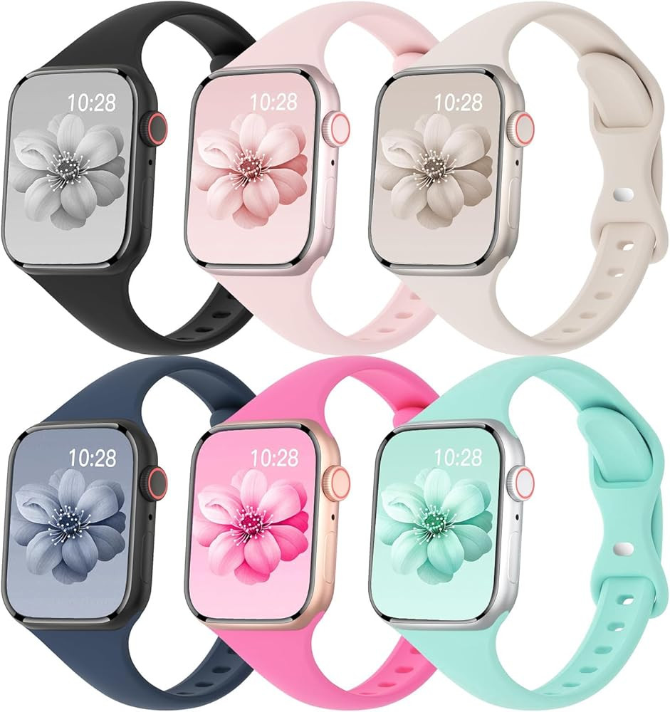 6 Pack Bands For Apple Watch band 42mm 40mm 41mm 38mm Women 46mm 44mm 45mm 49mm, Slim Thin Narrow... | Amazon (US)