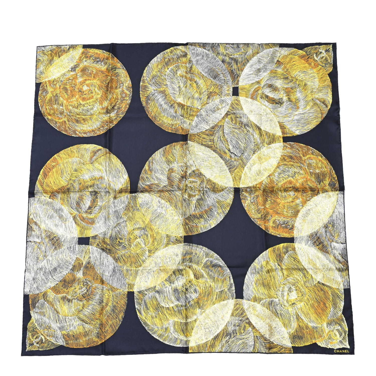 Chanel Silk Camellia Moons Scarf Navy Yellow 1751457 | FASHIONPHILE (US)