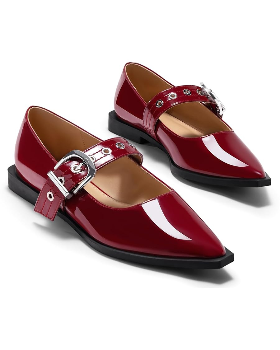 Coutgo Womens Mary Jane Flats Closed Pointed Toe Ballet Flat Studded Metal Adjustable Buckle Dres... | Amazon (US)