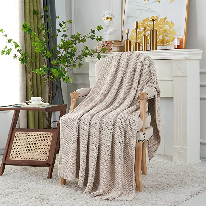 Chunky Cable Knit Throw Blanket Lightweight Beige 100% Organic Cotton Blanket for Sofa Couch Bed ... | Amazon (US)