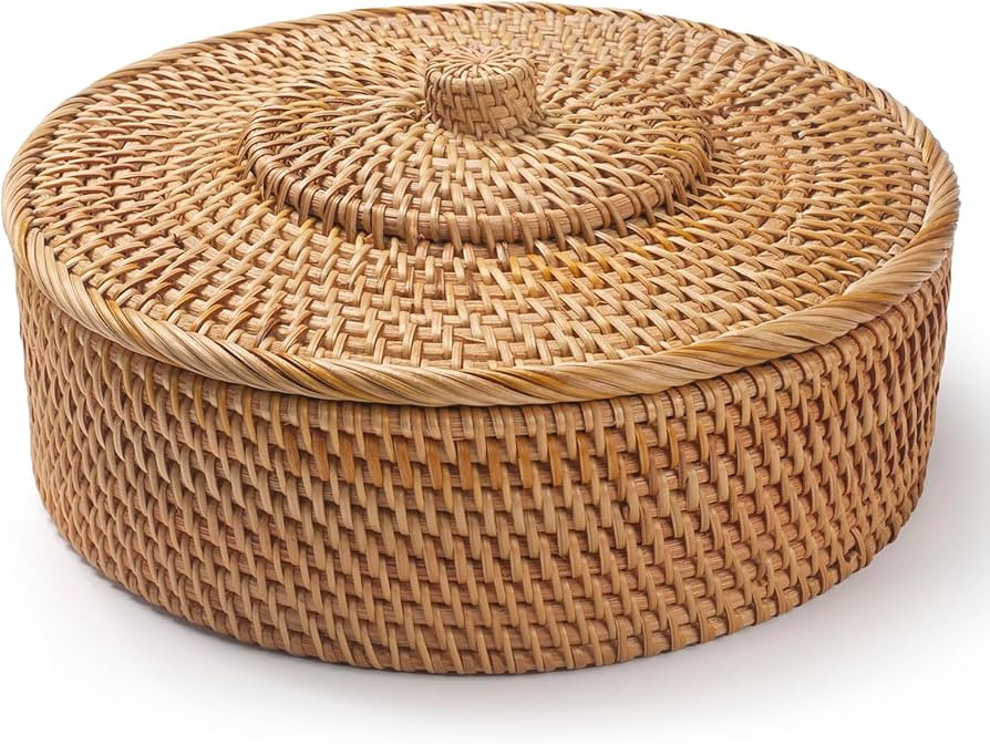 Rattan Basket With Lid, Lidded Wicker Storage Basket for Organizing, Woven Box, Rattan Storage Bi... | Amazon (US)