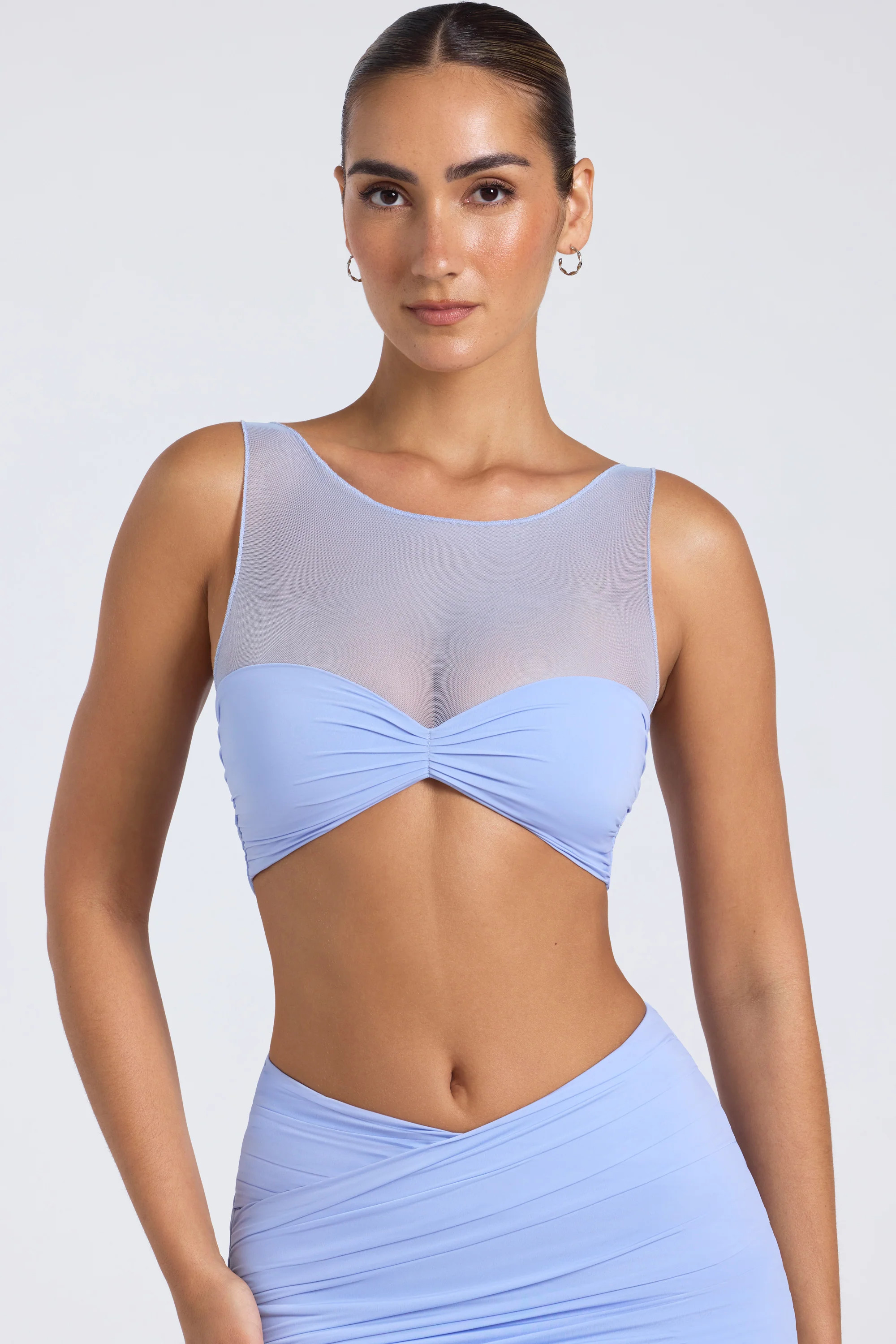 Sheer Panelled Ruched Crop Top in Periwinkle Blue | Oh Polly