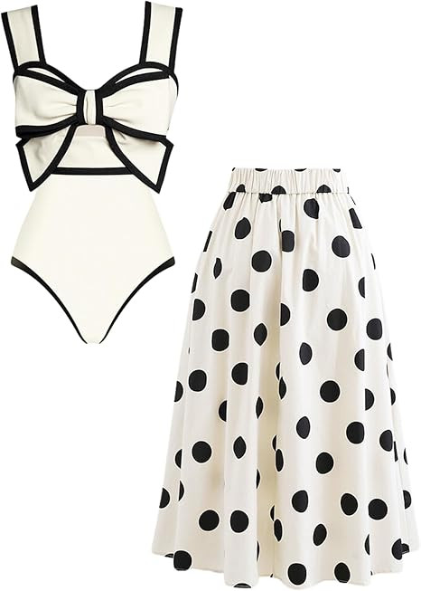 FLAXMAKER Black and White Swimsuit Bow-tie Decor Women's Polka dot Print Skirt One Piece Bathing ... | Amazon (US)