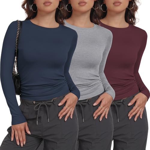 MLYENX 3 Pack Womens Long Sleeve Shirts Crew Neck Basic Stretchy Fitted Y2K Tops Going Out Fashio... | Amazon (US)