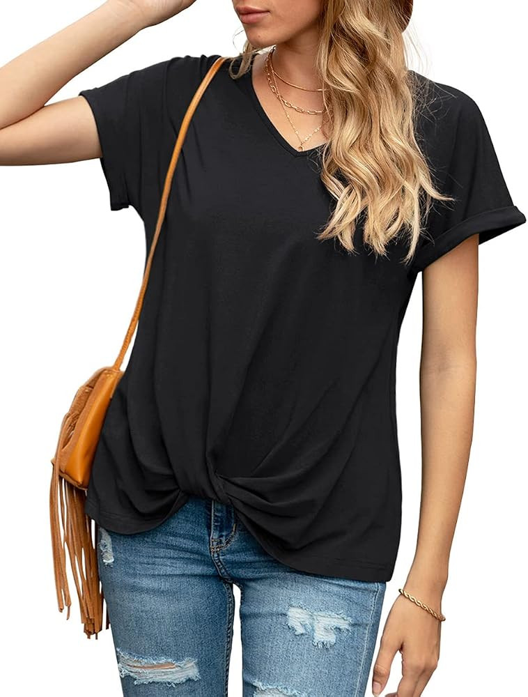 Iandroiy Women's Comfy Casual Summer Tops Short Sleeve V Neck Blouses T Shirts Twist Knot Tees | Amazon (US)