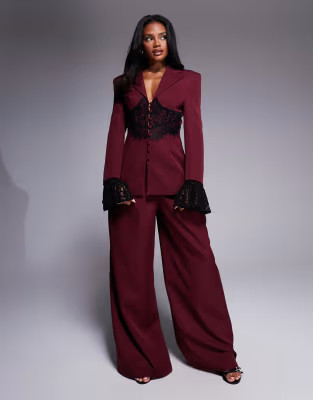 ASOS LUXE tailored wide leg pants in burgundy - part of a set | ASOS (Global)
