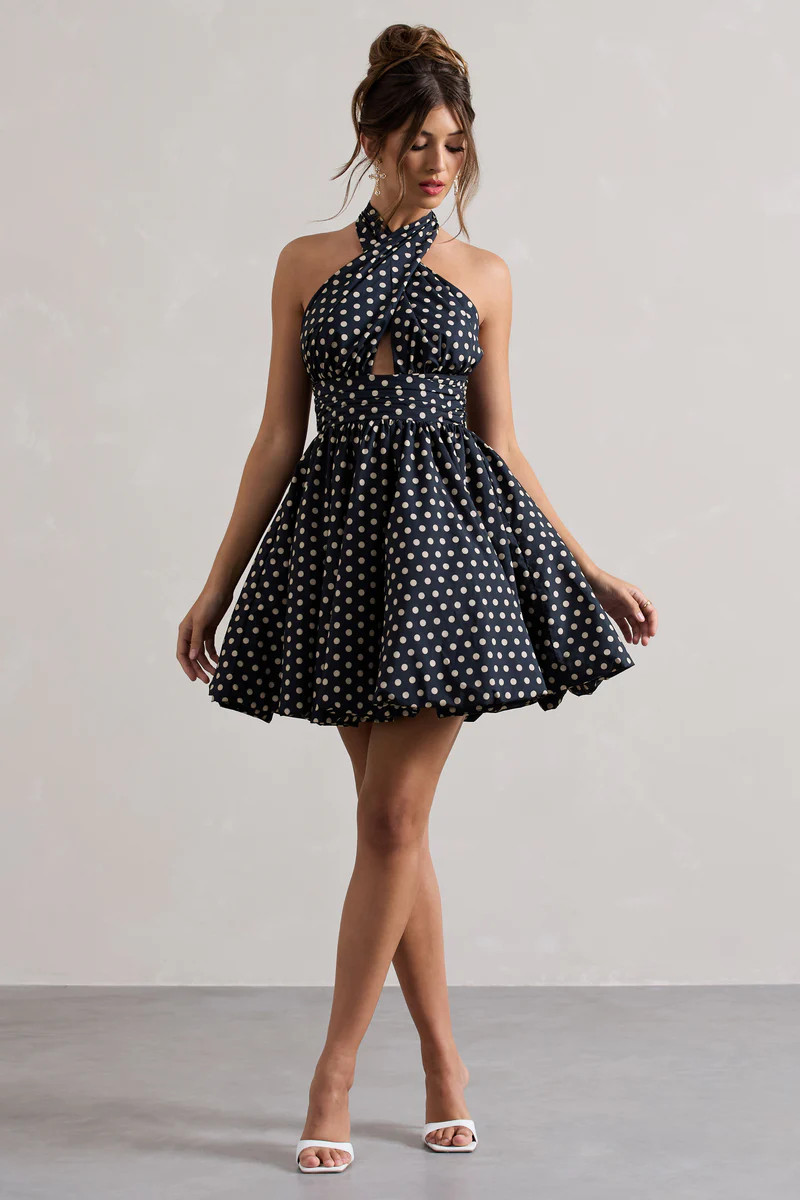 Levie | Navy Polka Dot Halter-Neck Mini Dress | Club L London