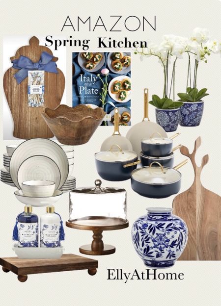 Amazon home spring kitchen refresh. Shop pretty blue accent, wood boards, wood bowl, recipe book, potted orchids, dinnerware, soap dispenser, cake plate, quality cookware. . Free shipping, sales. Kitchen home decor accessories. 

#LTKhome #LTKsalealert #LTKfindsunder50