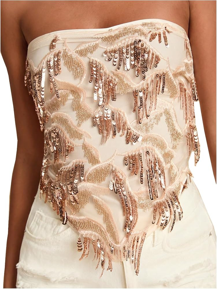 MakeMeChic Women's Boho Sparkly Sequin Tops Rave Fringe Tops | Amazon (US)