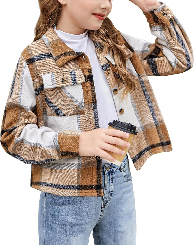 Arshiner Girls Flannel Fall Cropped Shacket Plaid Jacket Casual Coat | Amazon (US)