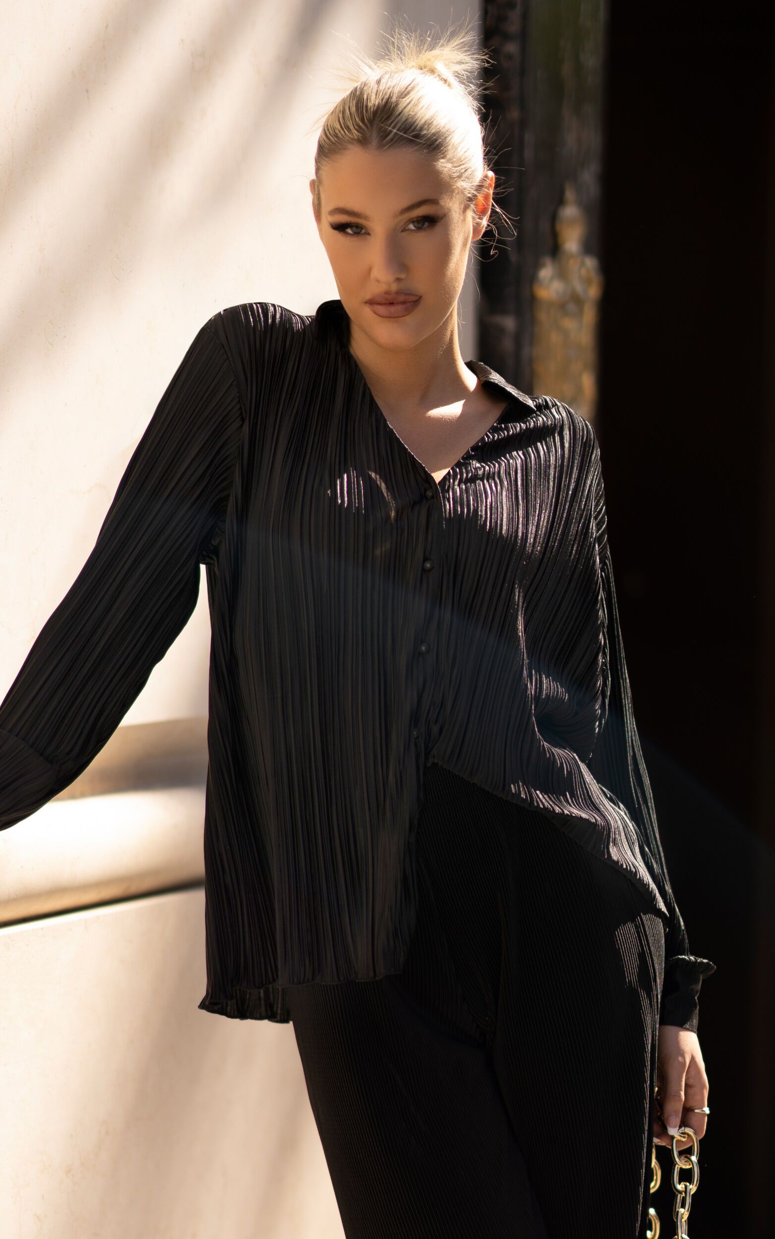 Beca Plisse Button up Shirt in Black | Showpo - deactived