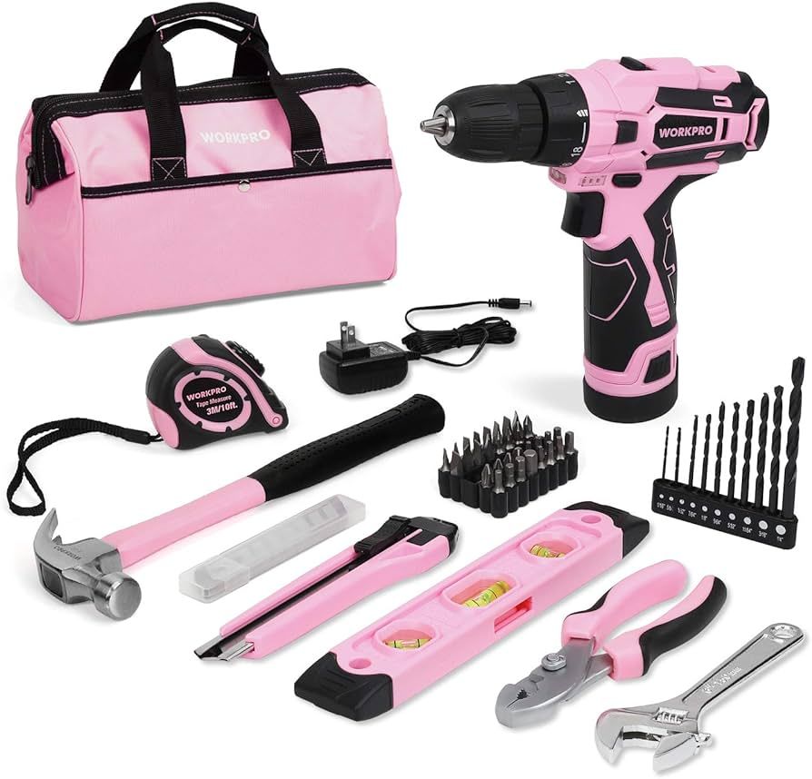 WORKPRO 12V Pink Cordless Drill Driver and Home Tool Kit, Hand Tool Set for DIY, Home Maintenance... | Amazon (US)