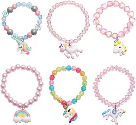 Set of 6 Unicorn Rainbow Bracelets, Little Girl Animal Bracelets, Teens Kids Unicorn Pendant Bead... | Amazon (US)