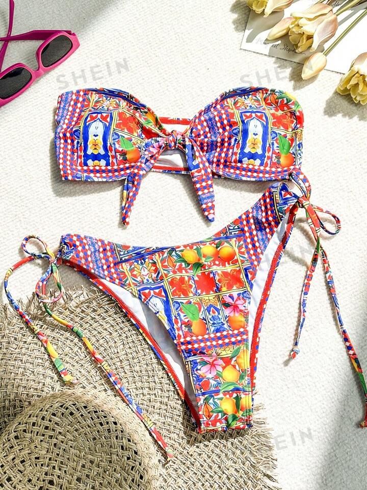 Women's Random Printed Knot Detail Bikini Swimsuit Set | SHEIN