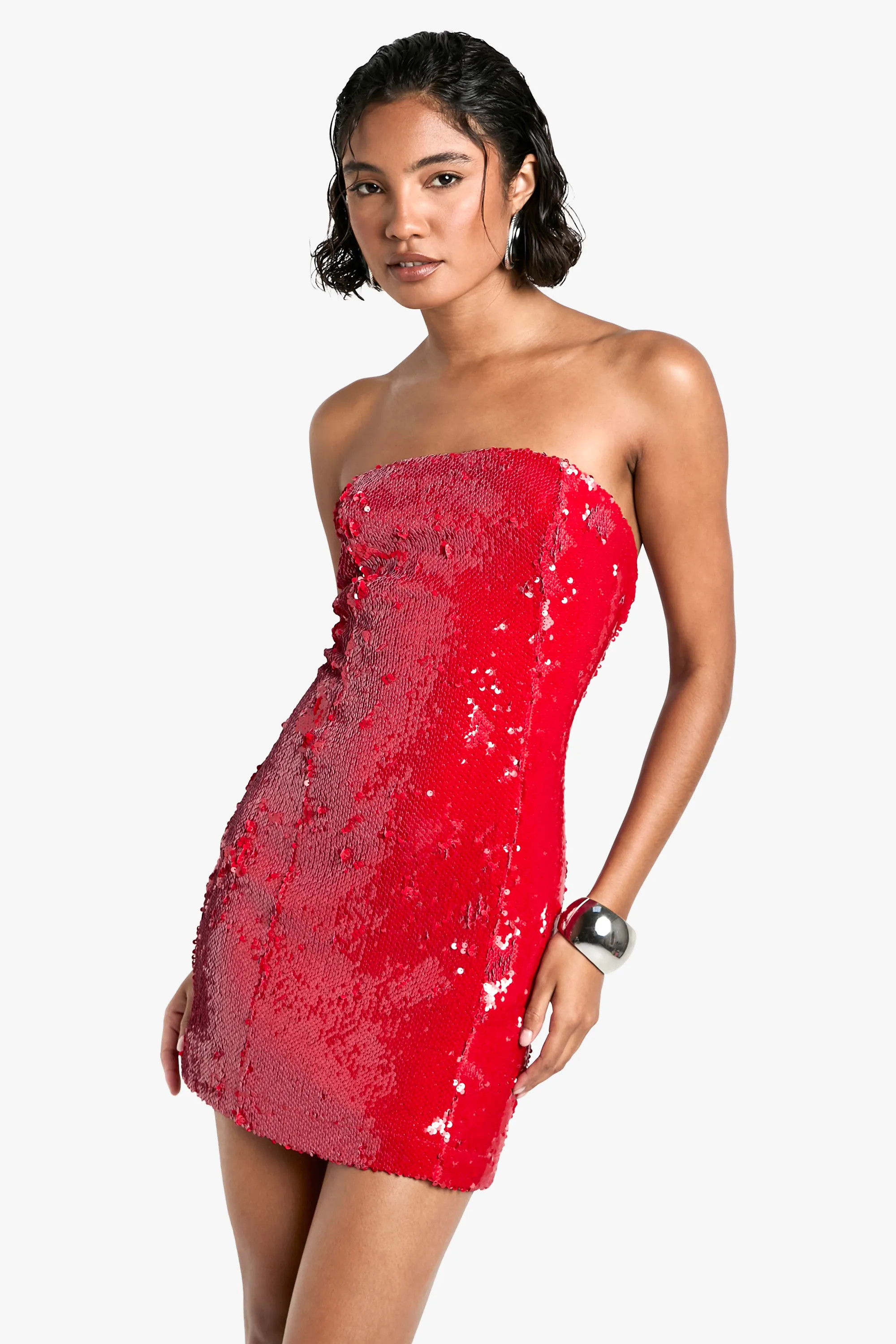 Red Tall Sequin Bandeau Mini Dress | Boohoo USA | boohoo (US & Canada)