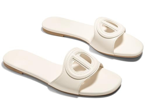 Coutgo Womens Dressy Flat Sandals Open Toe Slip on Leather Summer Beach Slide Sandals, Beige, Size 9.5 | Amazon (US)