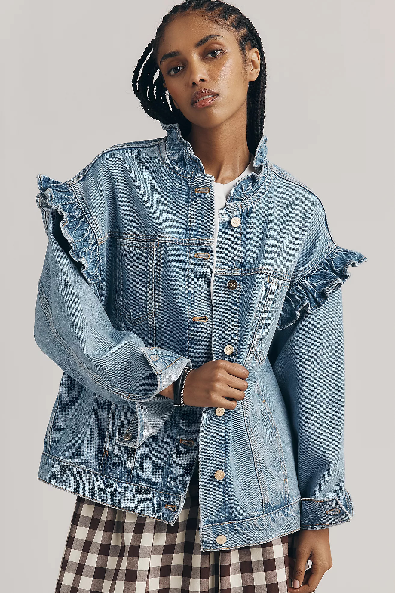 Maeve Denim Ruffle Trucker Jacket | Anthropologie (US)