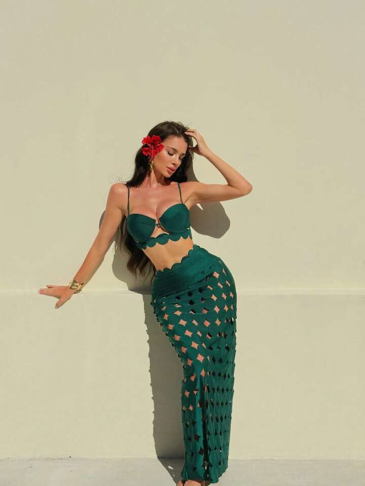 Swim Oasis 3pcs/Set Summer New Women Beach Outfits, Shoulder Strap Push Up & Gather Solid Color Bikini Top, High Waist Bottoms, Hollow-Out Embroidery Long Beach Dress, Fashionable Holiday Swimsuit Set | SHEIN