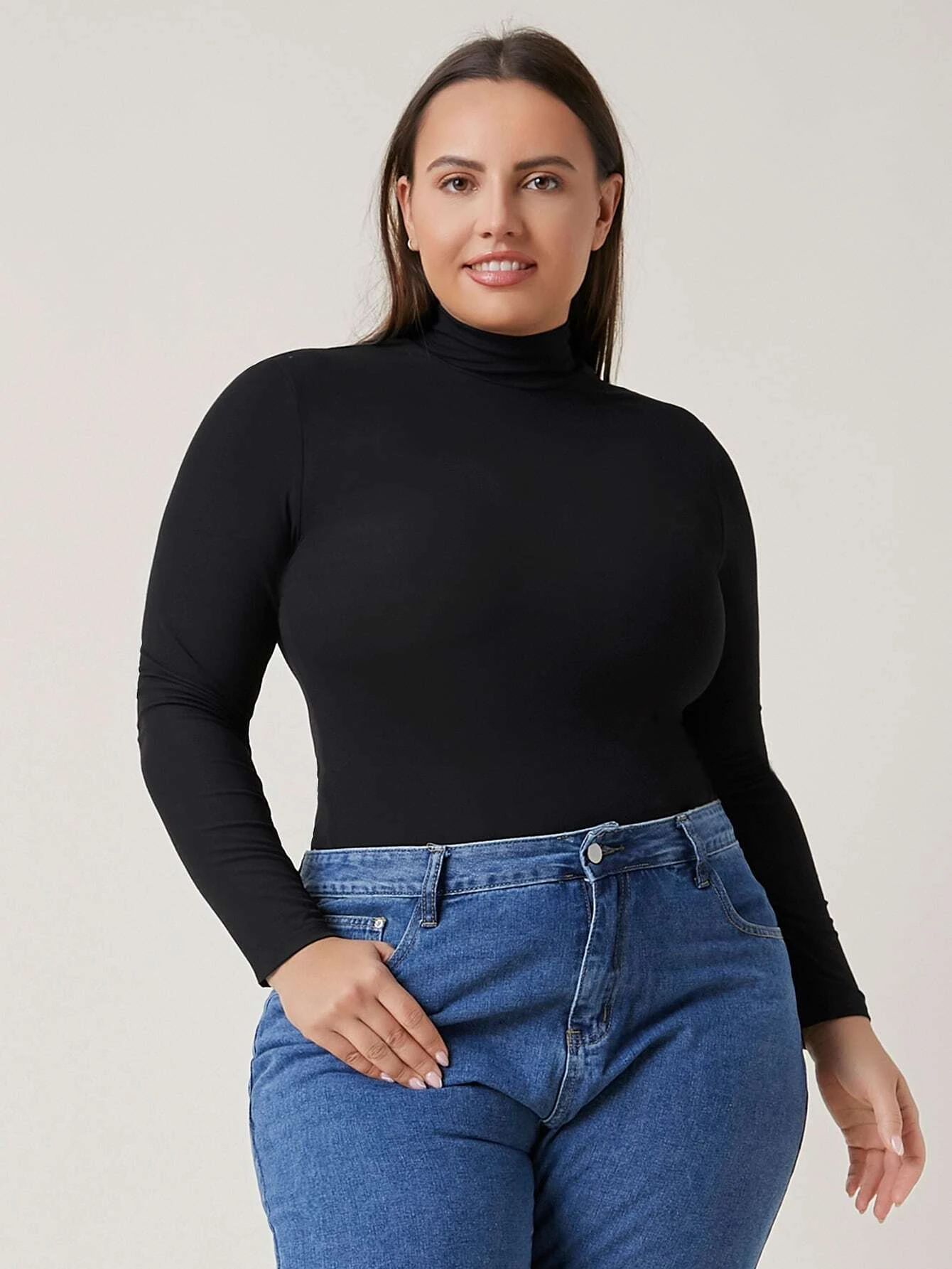 SHEIN BASICS Plus Mock Neck Fitted Tee | SHEIN
