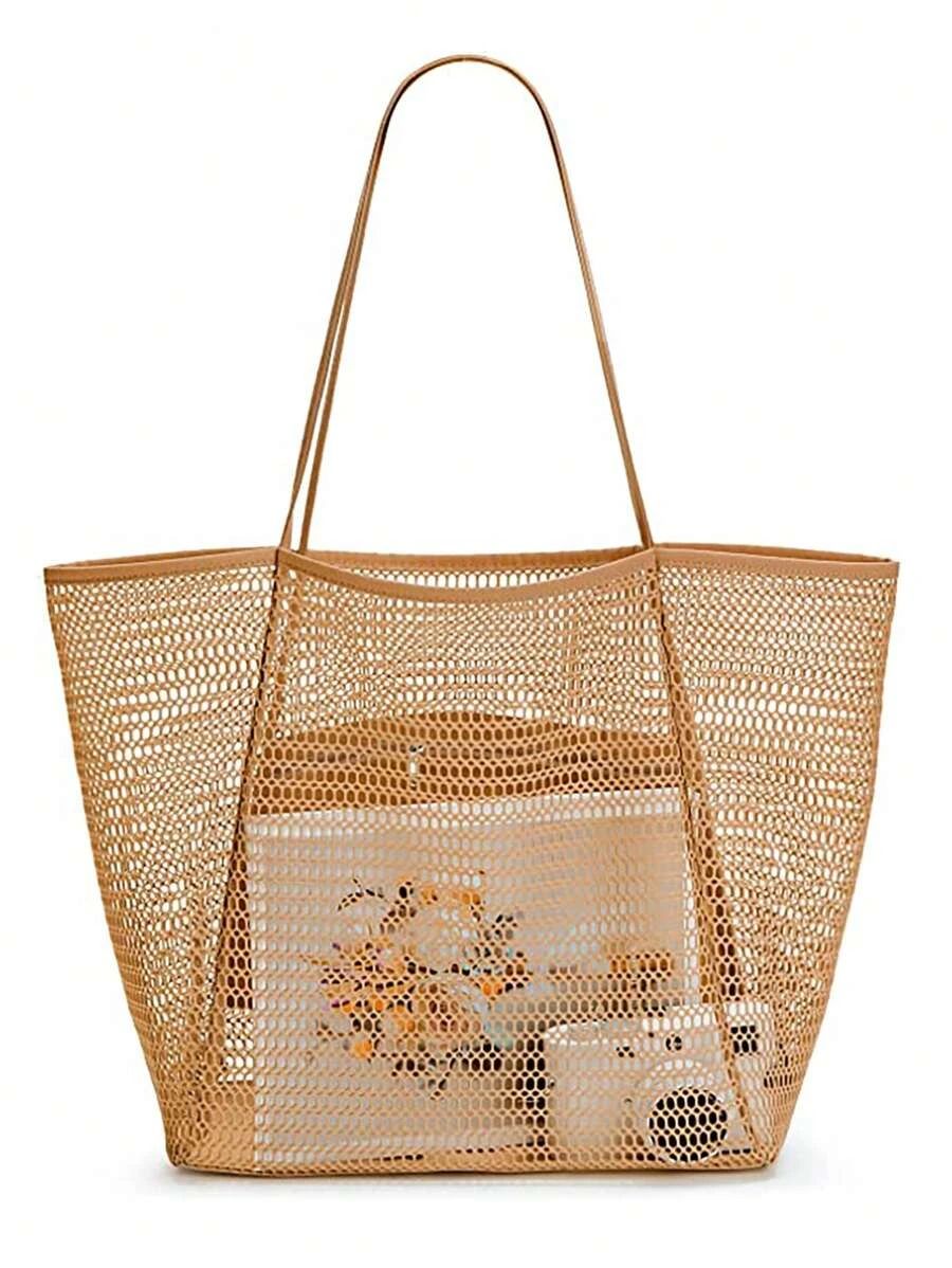 Beach Mesh Tote Bag, Casual Tote Bag Women Foldable Max 23L Shoulder Handbag For Beach Picnic Vac... | SHEIN