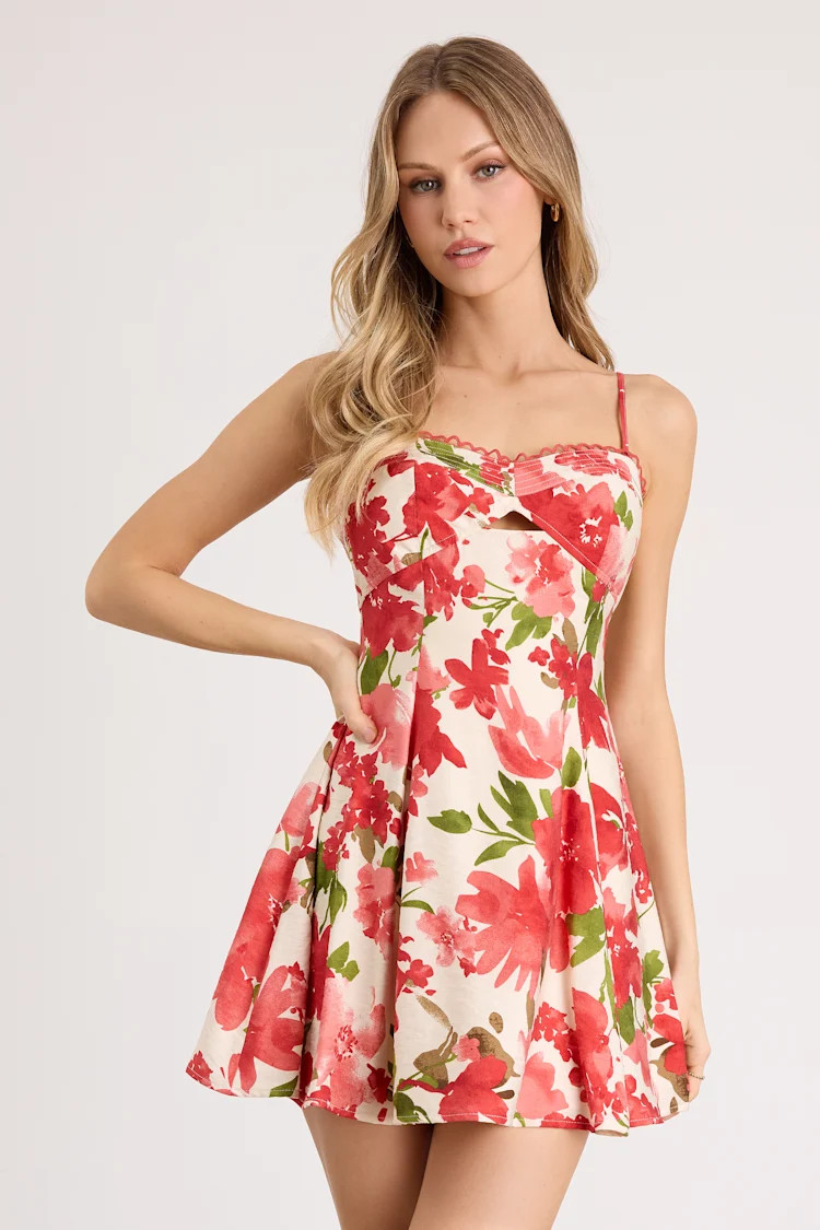 Kylie Cream and Red Floral Skater Mini Dress | Lulus
