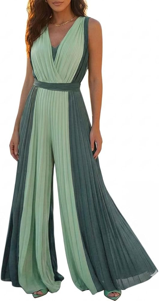 CHICME Women's Sleeveless Color-Blocked Pleated Jumpsuit | Amazon (US)