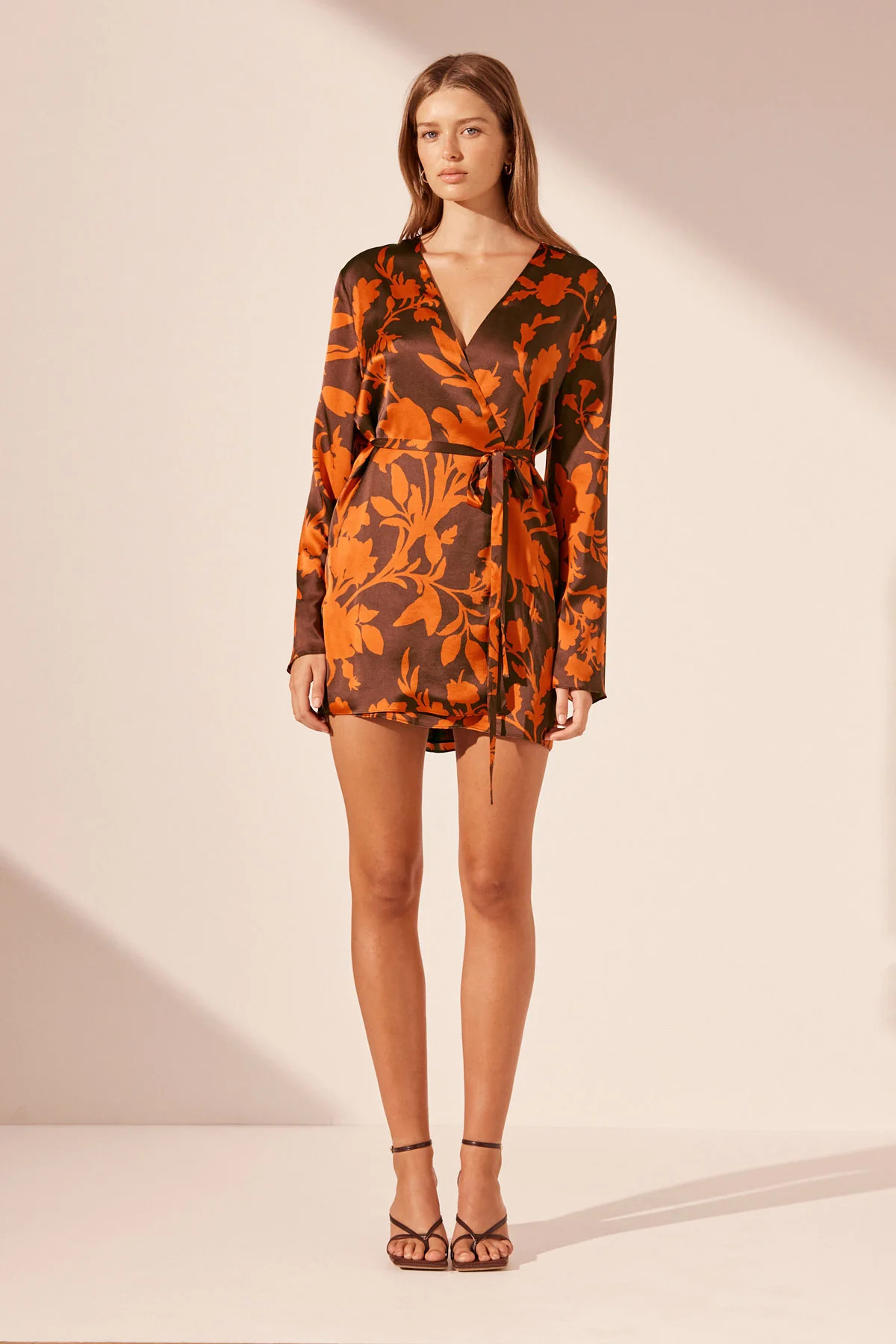 FLORA SILK WRAP MINI DRESS | PAPRIKA ORANGE/CHOCOLATE | DRESSES | SHONA JOY | Shona Joy