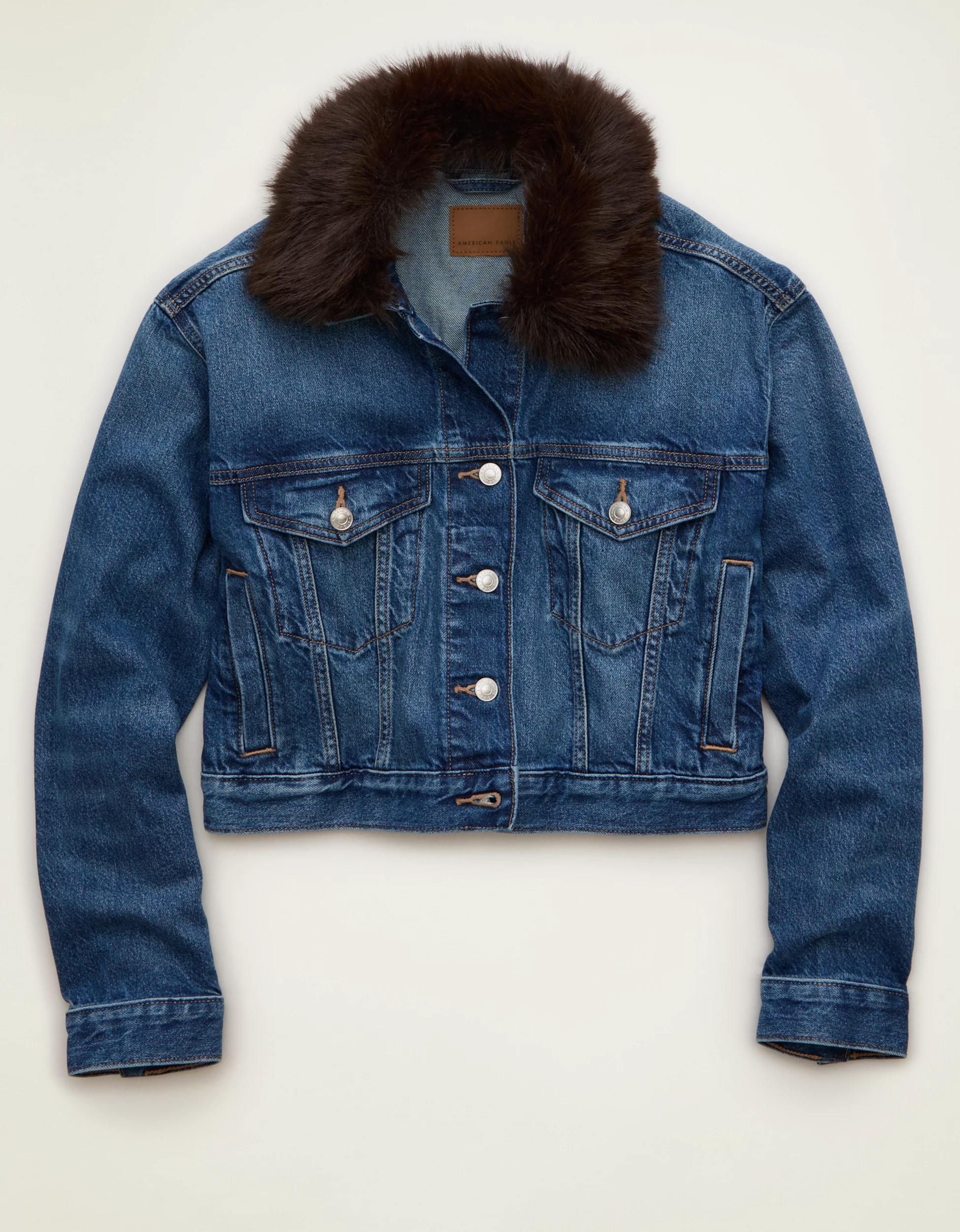 AE Cropped Fur Collar Denim Jacket | American Eagle Outfitters (US & CA)