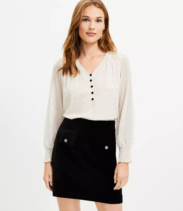 Velvet Dot Smocked Ruffle V-Neck Blouse | LOFT