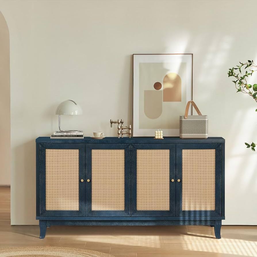 YWUFUART Mid-Century 4 Rattan Doors Wooden Cabinet Storage Console Table Cabinet Sideboard for Ha... | Amazon (US)