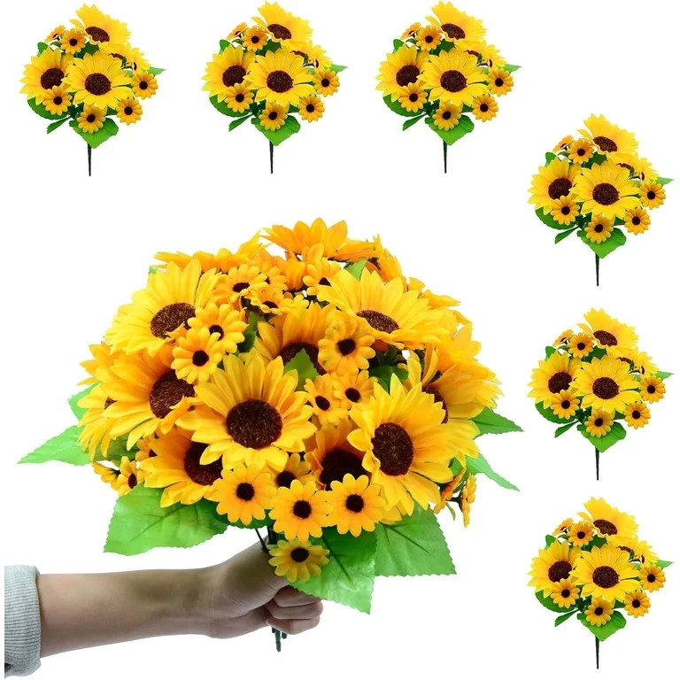 6 Pack Artificial Sunflowers with Stems, Fake Silk Sunflowers Artificial Flowers Each with 10 Sun... | Walmart (US)