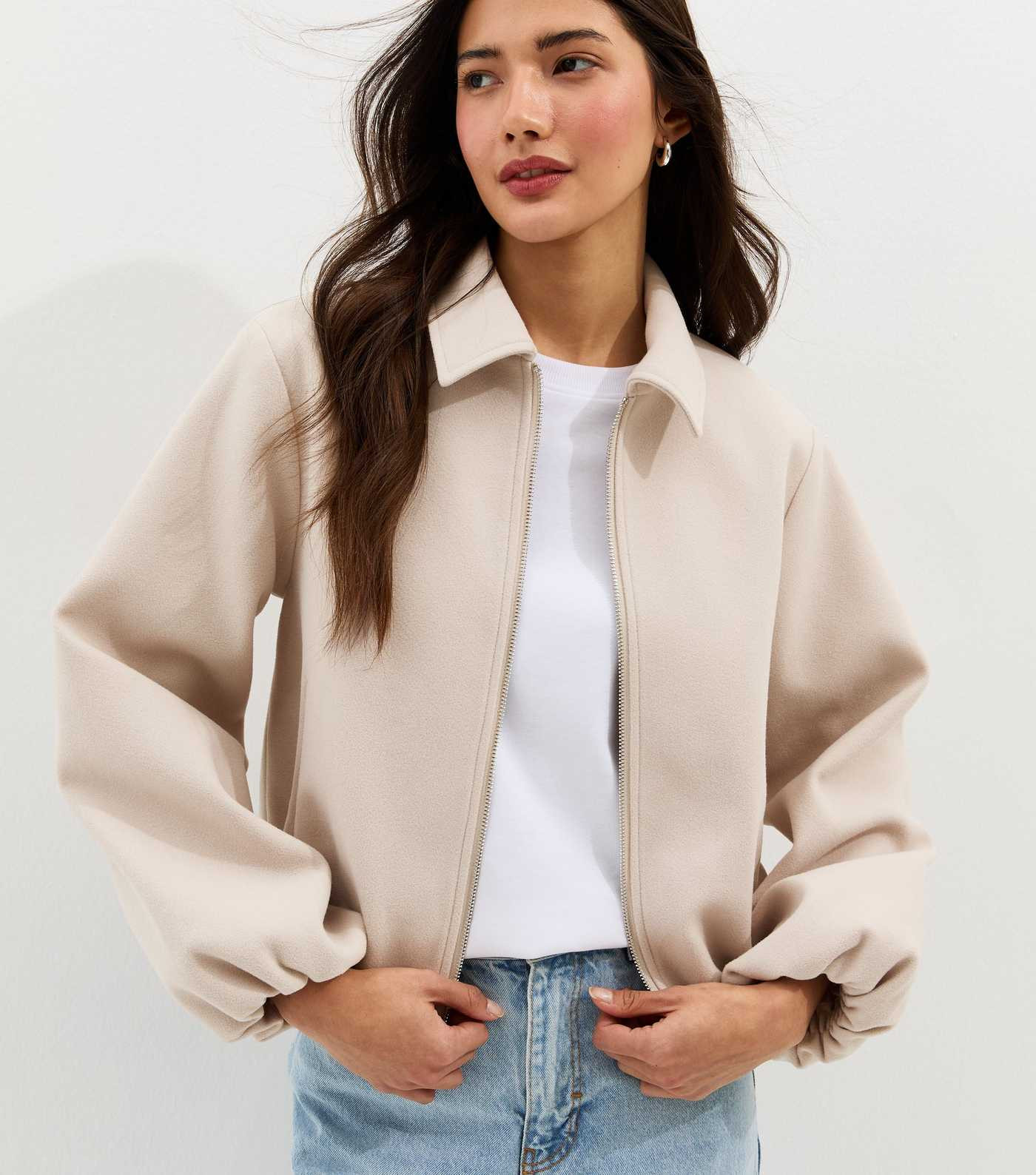 Cream Zip Through Collared Bomber Jacket | New Look | New Look (UK)