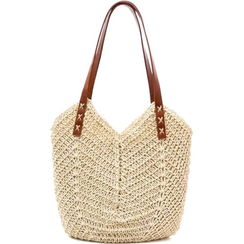 Straw Beach Bag for Women, Summer Straw Tote Bag Handbag with Zip Leather Handles, Retro Handmade Boho Casual Woven Travel Holiday Shoulder Bags for Beach Vacation Outdoor Shopping Daily Use (Beige) | Amazon (UK)