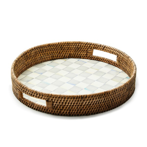 MacKenzie-Childs Sterling Check Enamel & Rattan Round Serving Tray | MacKenzie-Childs