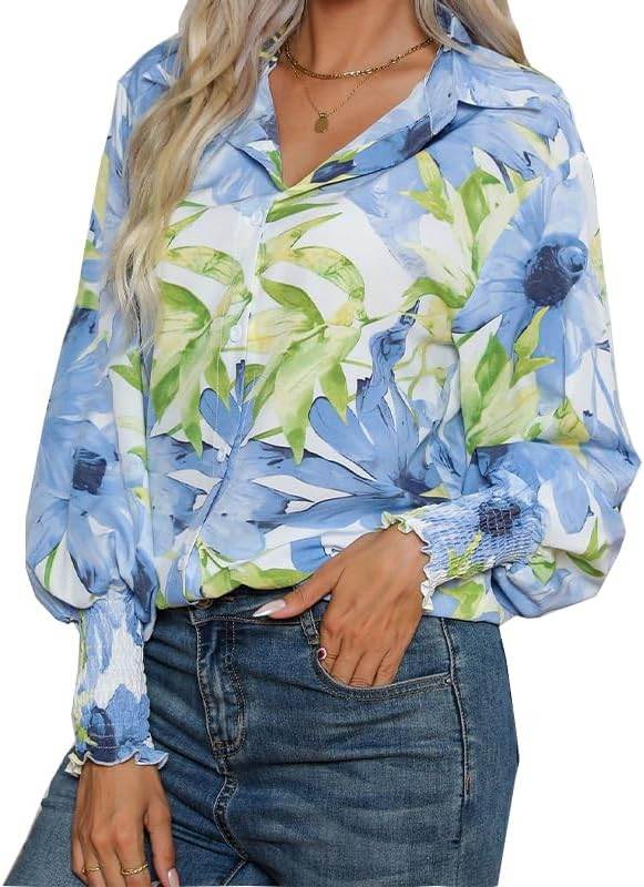 Women's Floral Print Blouse Long Sleeve Button Down Shirts Casual Dressy Blouse Shirts Tops | Amazon (US)