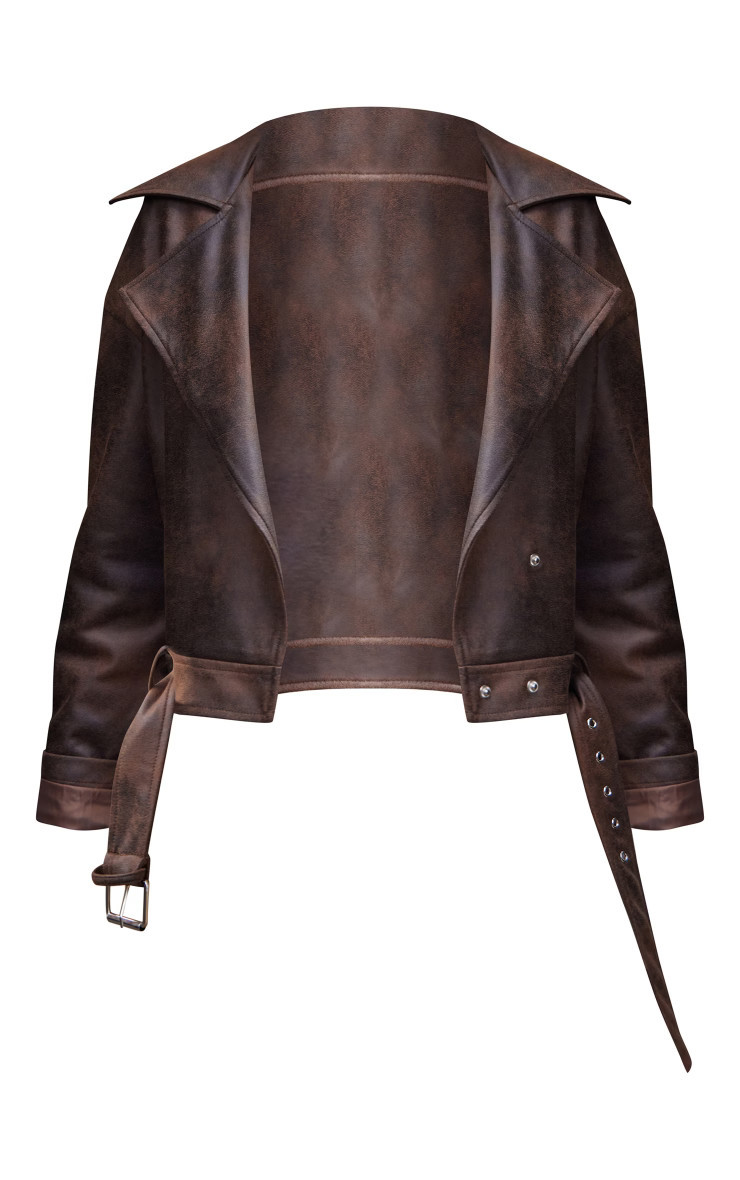 Brown Faux Leather Distressed Look Relaxed Fit Biker Jacket | PrettyLittleThing US