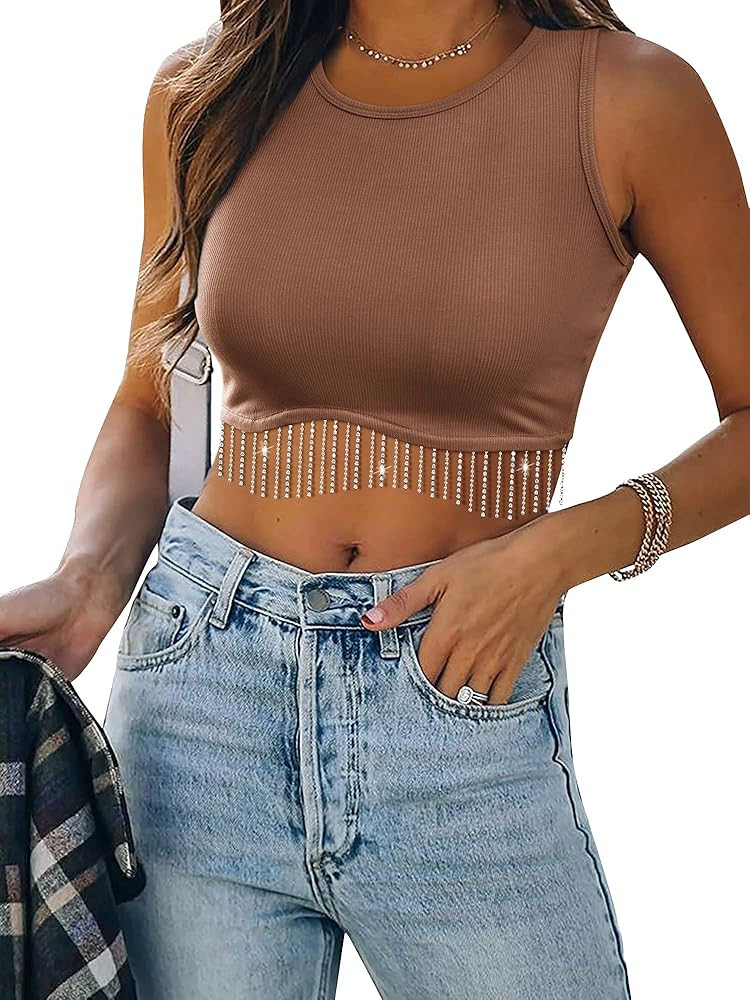 Womens Nashville Sparkly Rhinestone Fringe Sleeveless Crop Tops Y2K Raceback Ribbed Cropped Tank ... | Amazon (US)