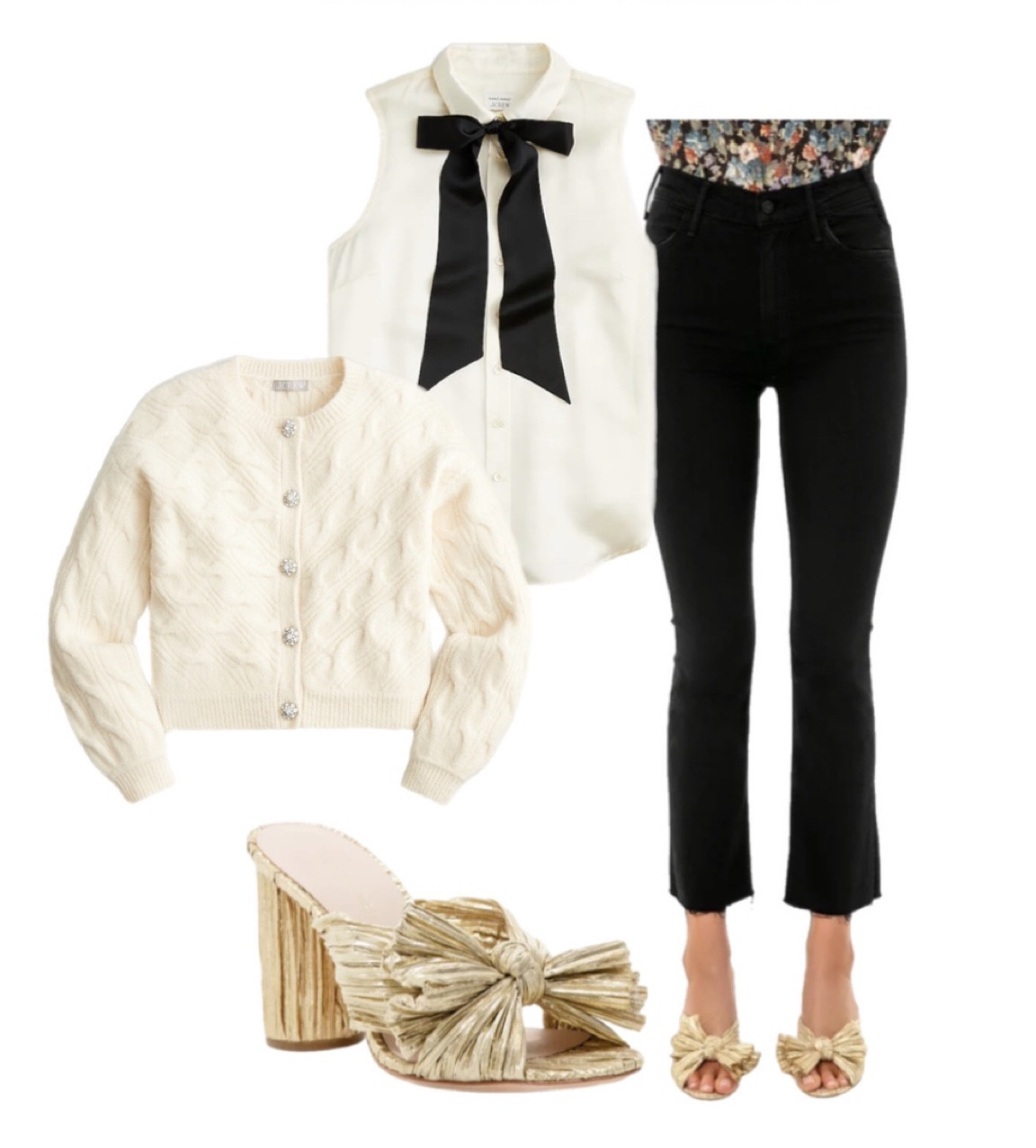 Winter outfit idea. Sweater, cardigan, black jeans, bow top, gold heels. On sale for 30-50% off!

#LTKSeasonal #LTKunder100 #LTKCyberweek