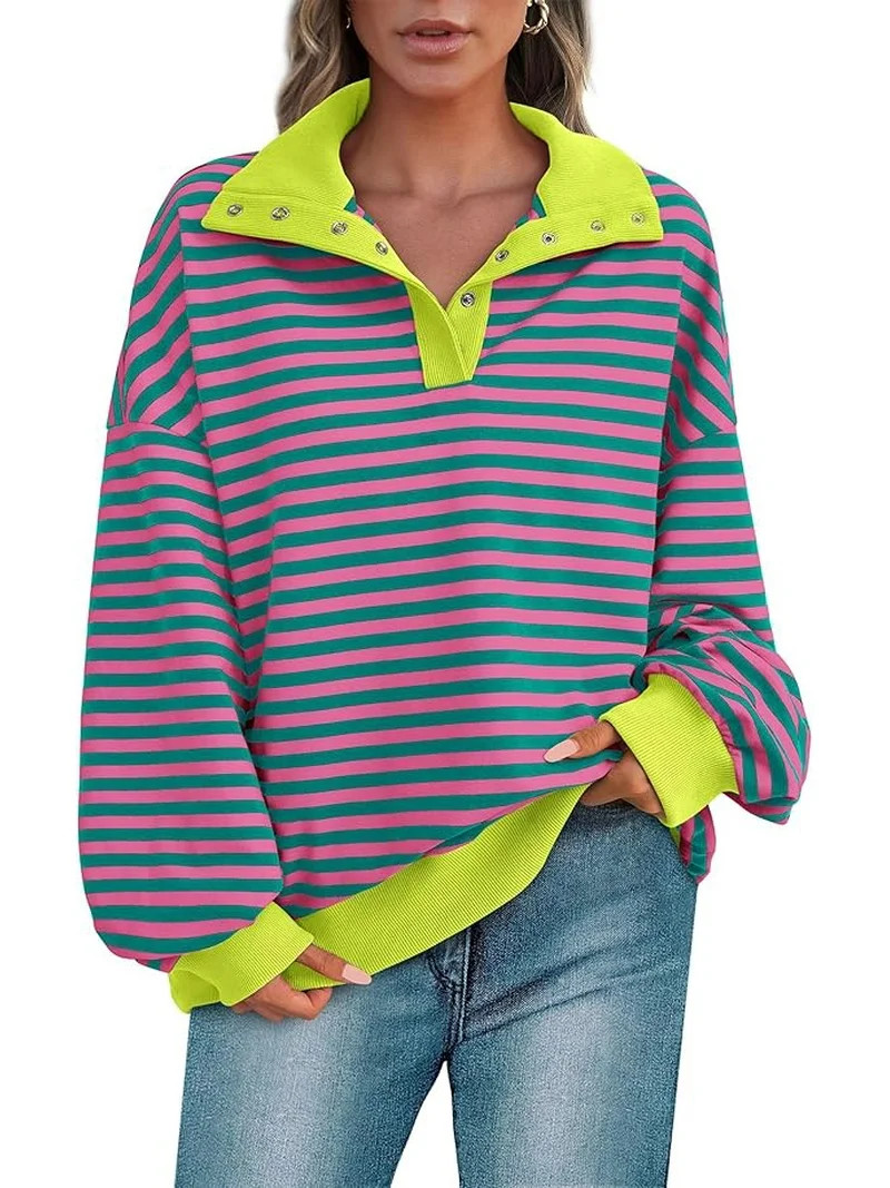 PRETTYGARDEN Women's Oversized Striped Sweatshirts Spring Fall Trendy Casual Long Sleeve Button U... | Walmart (US)