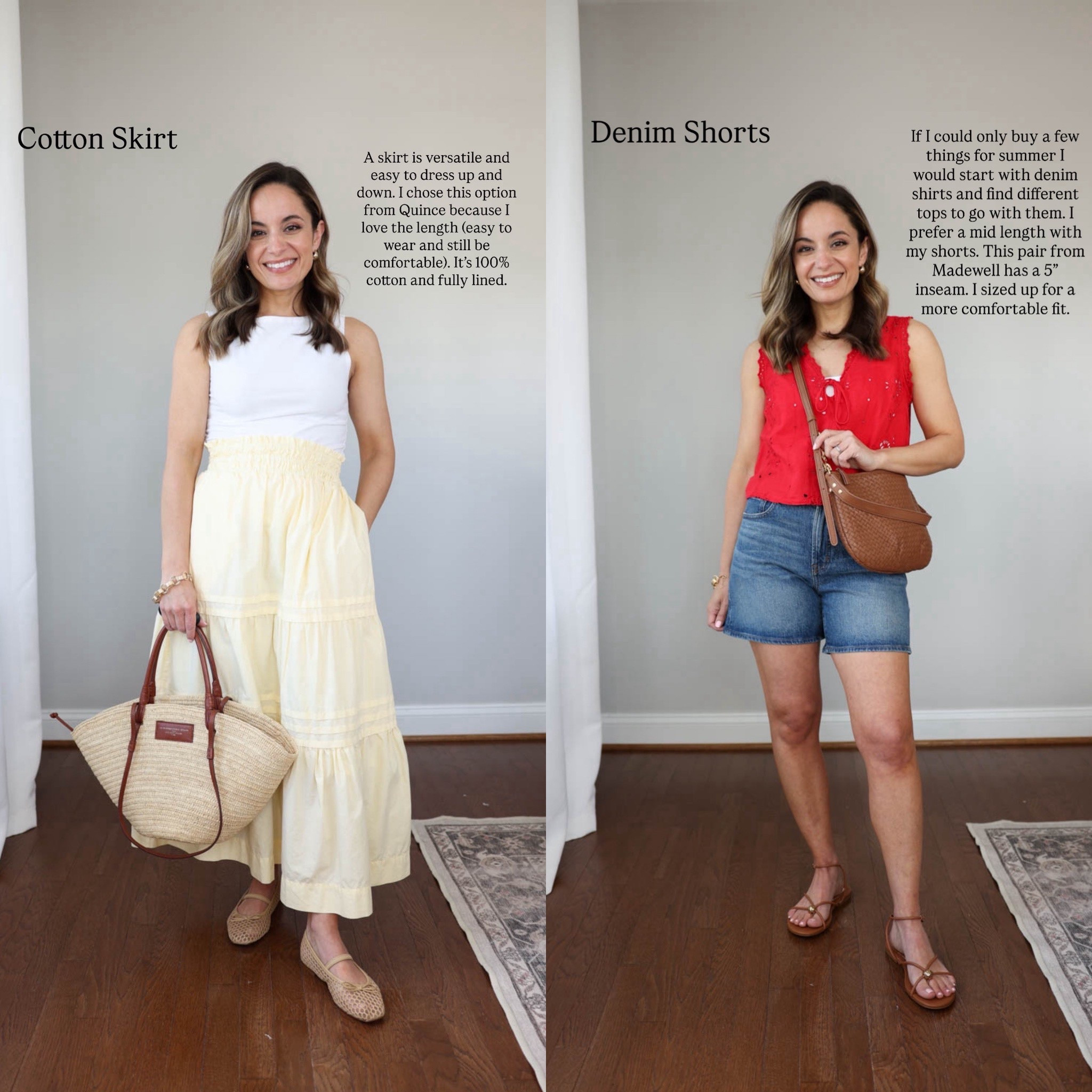 If I was building my summer wardrobe from scratch, these are the 10 items I would buy first! 


Cotton skirt (Quince): xs 
Denim shorts (Madewell): 25 - sized up 
Boatneck top (Quince): xs 
Statement top (Gap): xxs 
Woven flats (J.Crew Factory): tts, also linked a similar 
Strappy sandals (Dolce Vita): tts 

My measurements for reference: I’m 4’10” and 105lbs. My bust, waist, and hip measurement is 32”, 24”, and 36”.


#LTKPetite