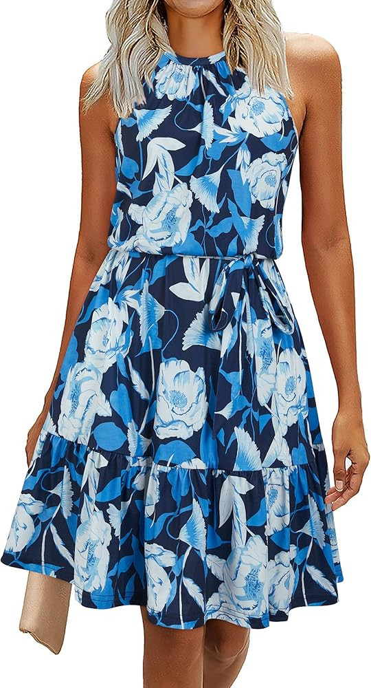 Newshows Womens 2025 Summer Dress Halter Wedding Guest Casual Beach Vacation Outfits Belted Sundr... | Amazon (US)