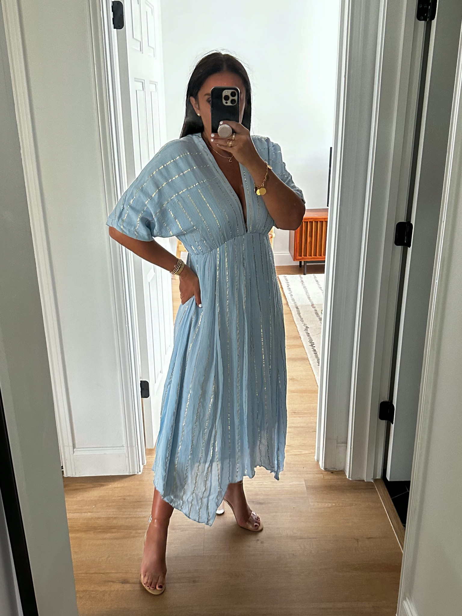 Red Dress Always Shimmering Light Blue Midi Dress wearing size small