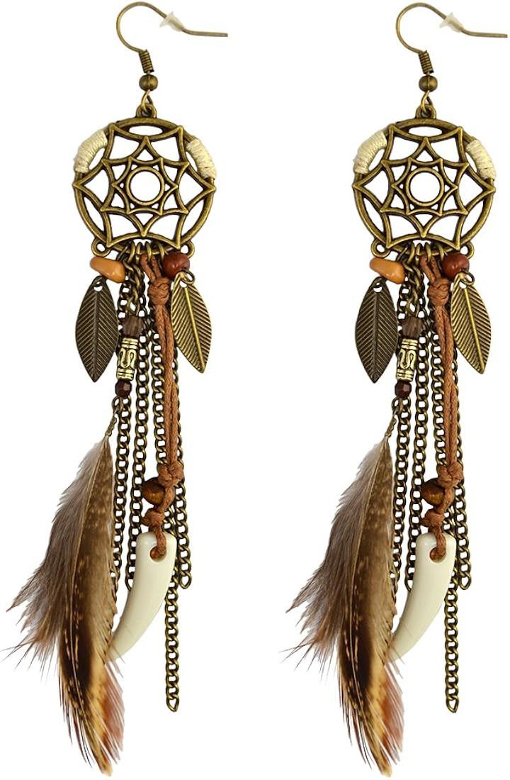 Punk Vintage Long Tassel Feather Beads Drop Wolf Tooth Pendant Earring Fish Hook Earrings | Amazon (US)