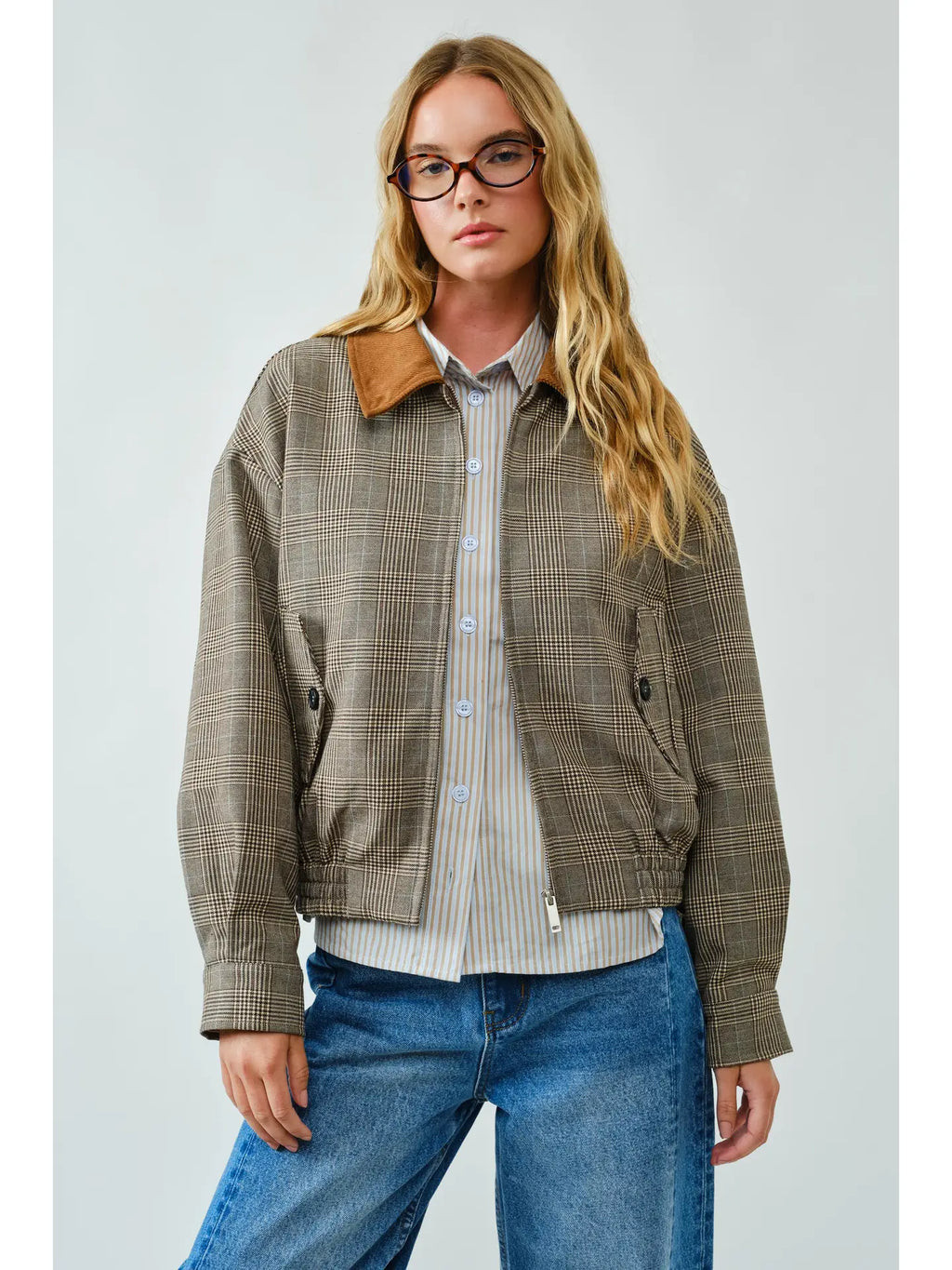 Riley Classic Plaid Bomber Jacket - Brown | Ama La Vita