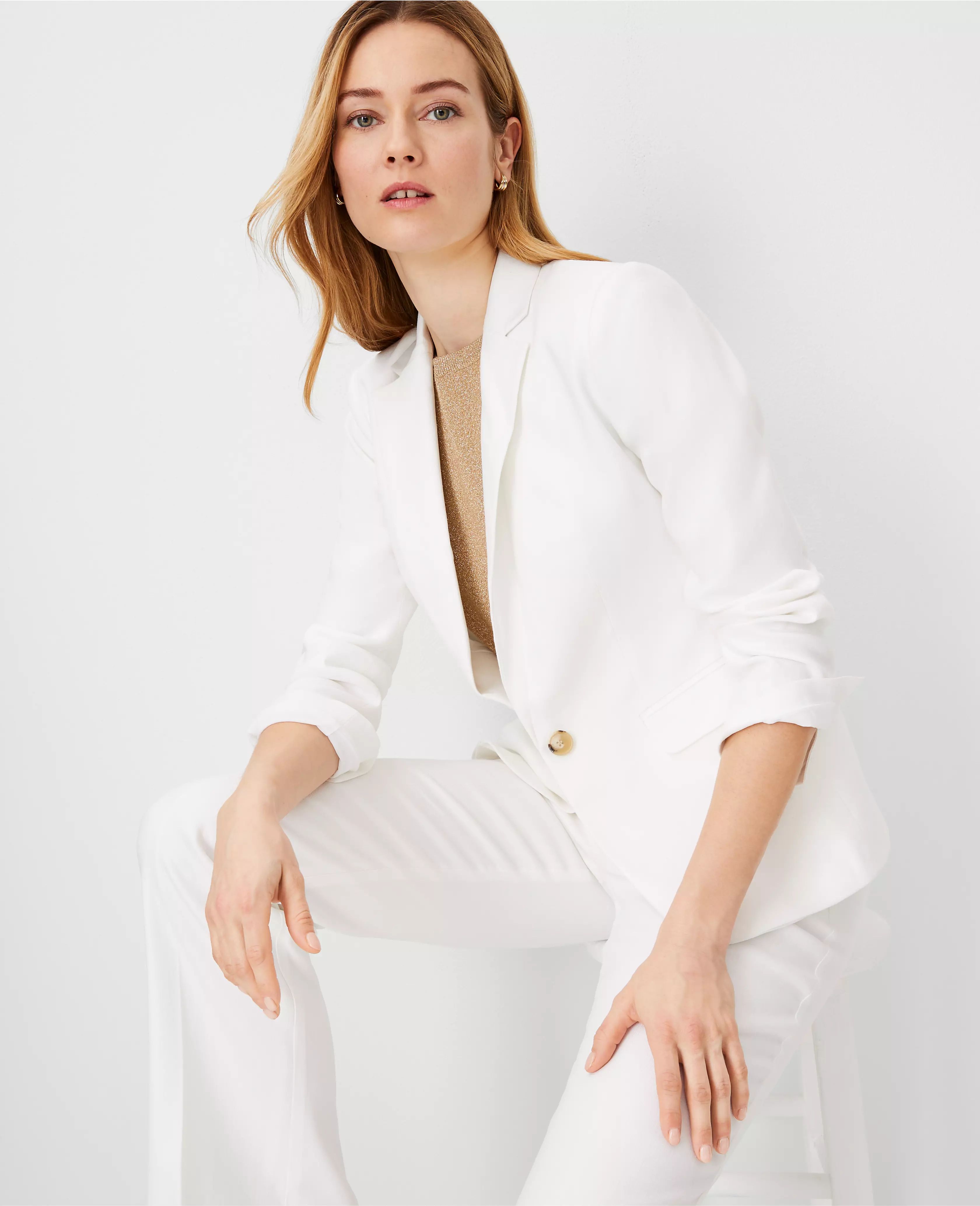 The Petite One Button Notched Blazer in Herringbone Linen Blend | Ann Taylor (US)