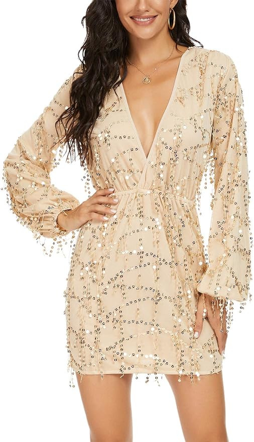 DGMYG Women's Sexy Deep V Neck Sequin Glitter Bodycon Short Mini Party Club Dress | Amazon (US)