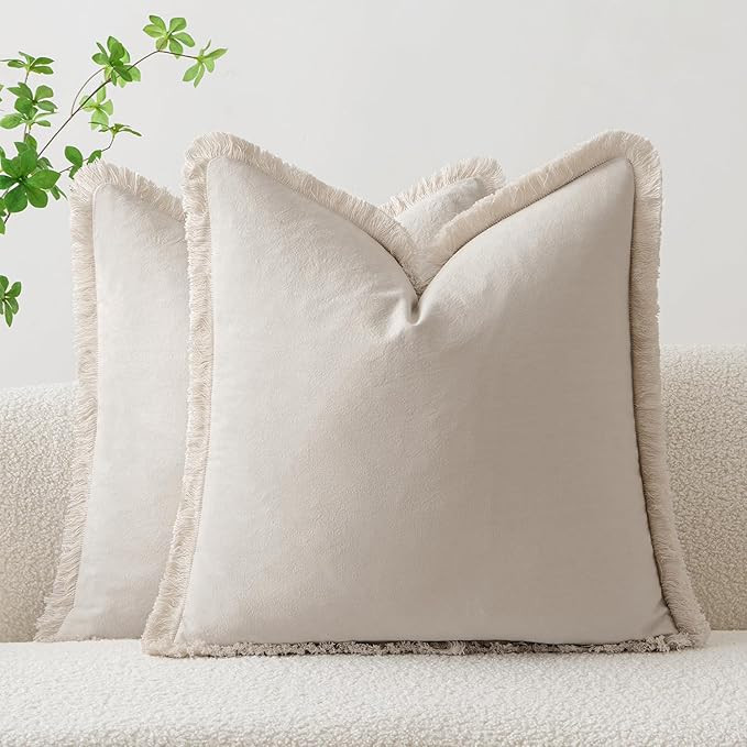 ANRODUO Natural Beige Throw Pillow Covers 18x18 Set of 2 Pillow Covers with Boho Fringe Chic Cott... | Amazon (US)