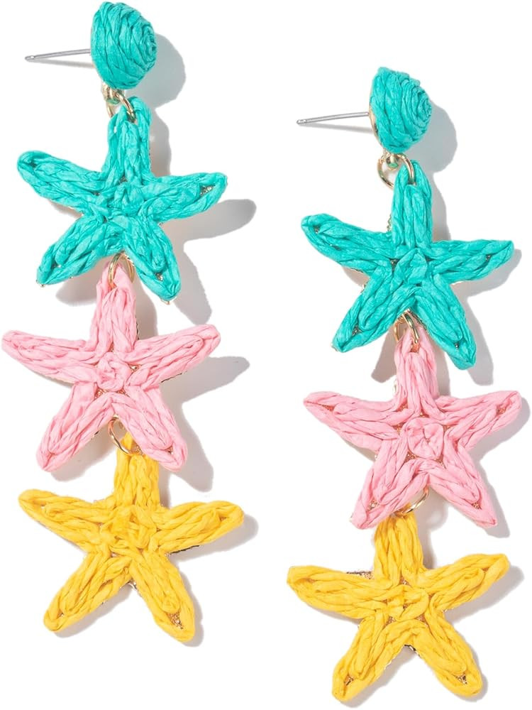 Boho Raffia Earrings Starfish Shell Seashell Dangle Drop Earrings Cute Statemnet Trendy Summer Be... | Amazon (US)