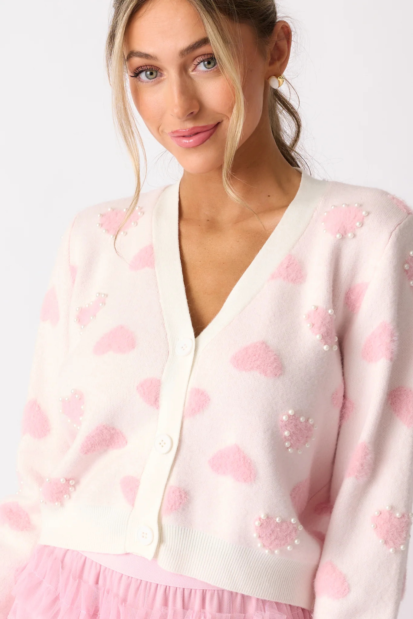 Sweetheart Stroll Light Pink & Ivory Pearl Cardigan | Red Dress