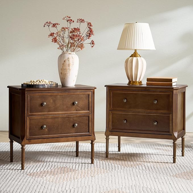 HULALA HOME Solid Wood End Table with Charging Station, Mid-Century Modern End Table with 2 Drawe... | Amazon (US)